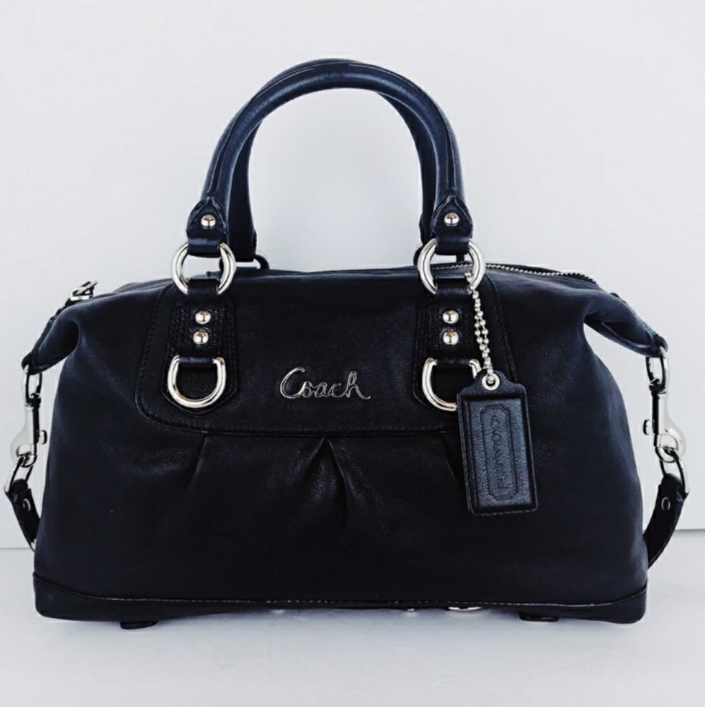 Coach Ashley Black Leather Satchel Scripted Logo.